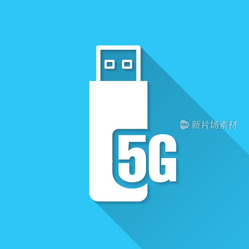 5G USB调制解调器。图标在蓝色背景-平面设计与长阴影